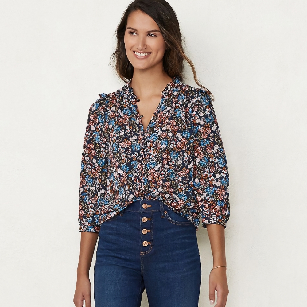 LC Lauren Conrad Women's Floral Pattern Button front 3/4 Sleeve Blouse Size S